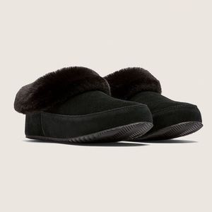 Sorel Women’s Go Coffee Run Slippers Black Suede Leather Fur Slip On Shoes Nwt